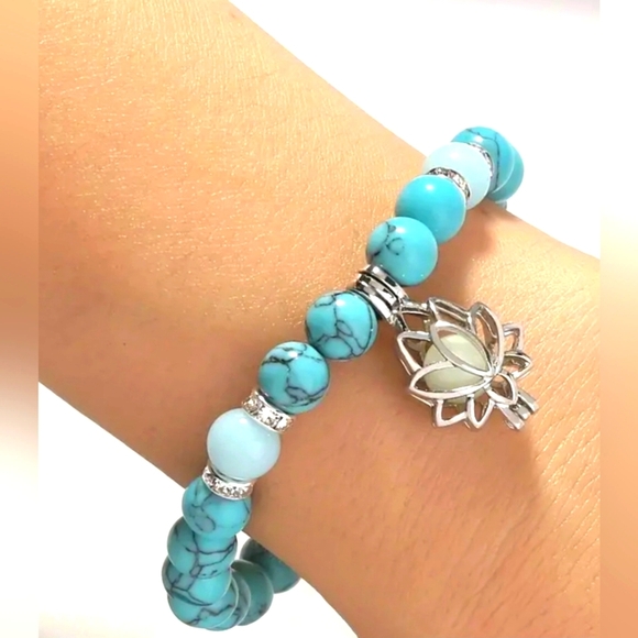 Turquoise Beaded Bracelet with Silver Lotus Charm Emotional Stability - Picture 2 of 4